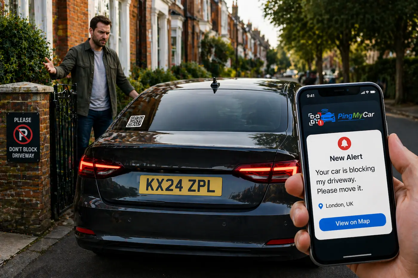 PingMyCar alert example showing blocked driveway and QR sticker notification
